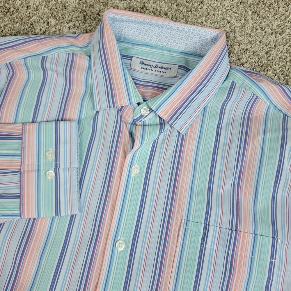 Tommy Bahama Sarasota Stretch Mens Large Multicolor Striped Button Down LS